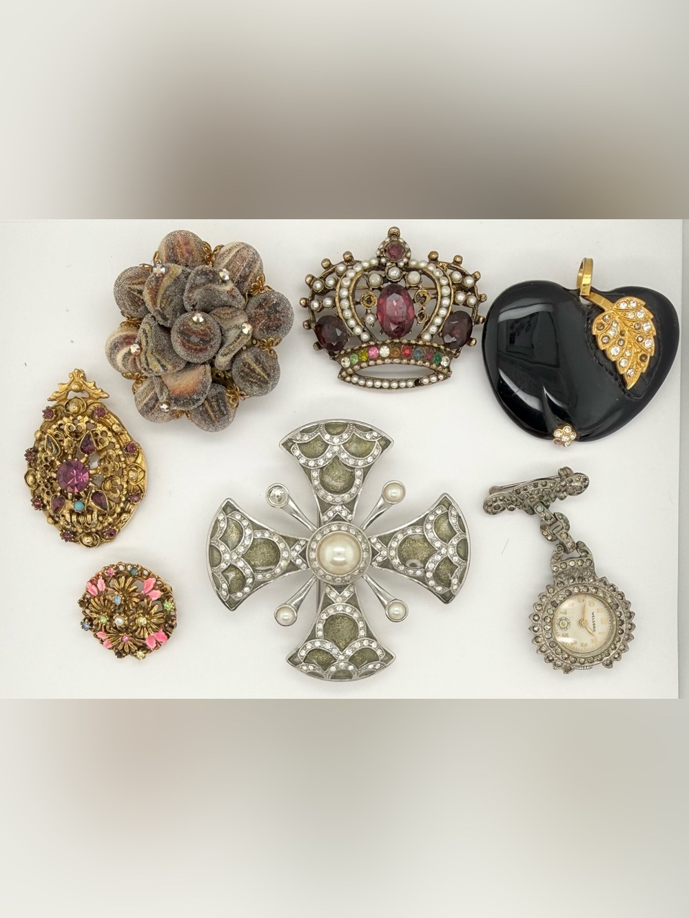 Vintage Estate Mix lot Brooch Pin Crown Watch Rhinestone Signed hobby damaged